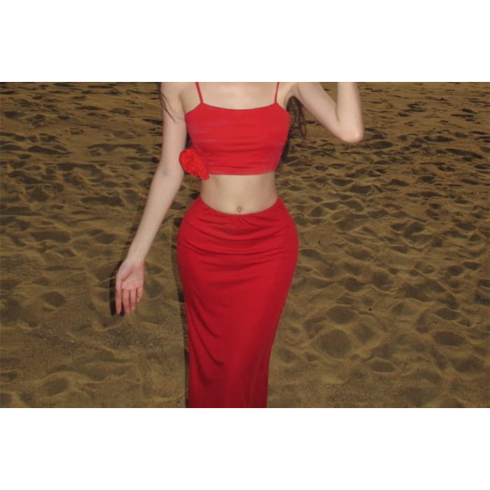 Set: Plain Crop Cami Top + Mid Waist Maxi Fishtail Skirt