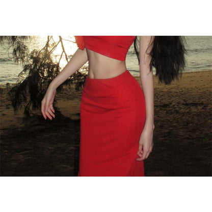 Set: Plain Crop Cami Top + Mid Waist Maxi Fishtail Skirt