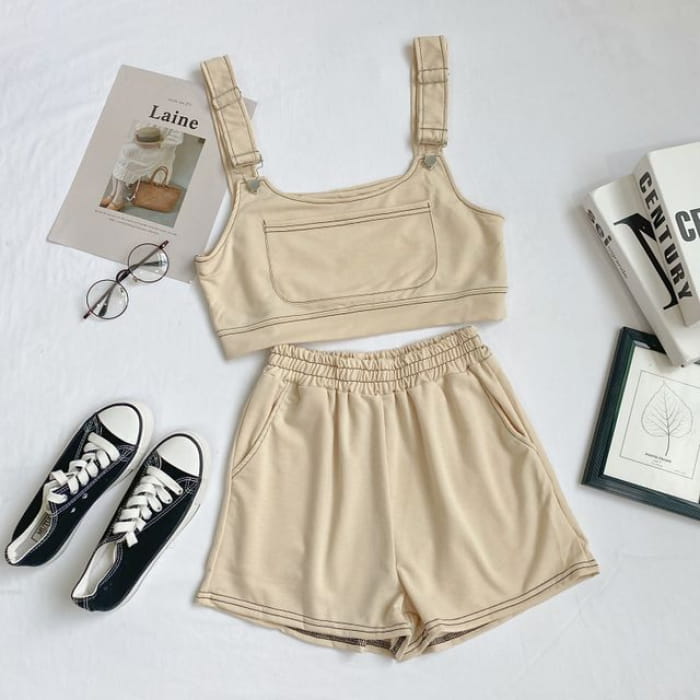 Set: Plain Crop Tank Top + Shorts - Set of 2 - & - Almond