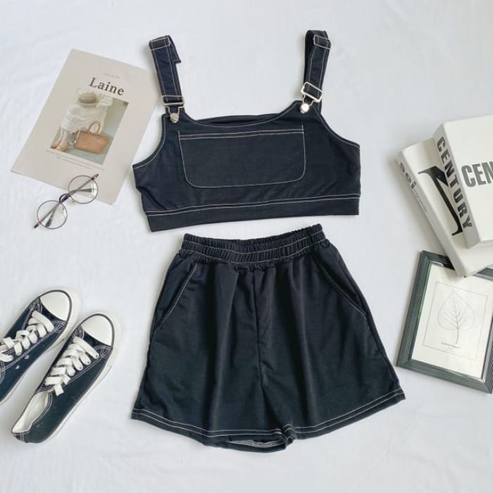 Set: Plain Crop Tank Top + Shorts - Set of 2 - & - Black