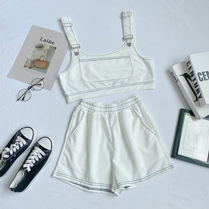 Set: Plain Crop Tank Top + Shorts - Set of 2 - & - White