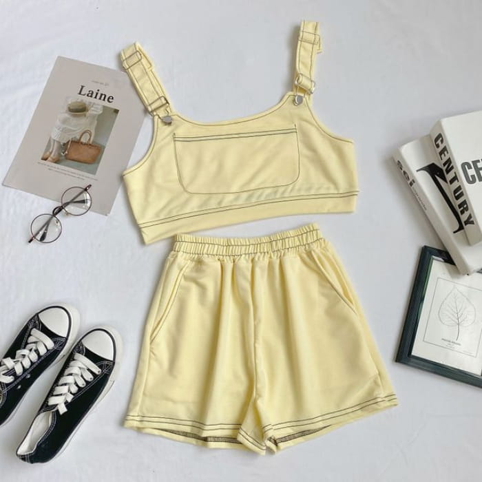 Set: Plain Crop Tank Top + Shorts - Set of 2 - & - Yellow