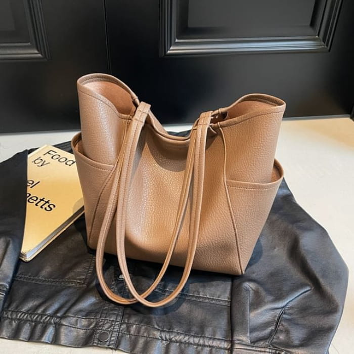 Set: Plain Faux Leather Tote Bag + Pouch - Set of 2 - &