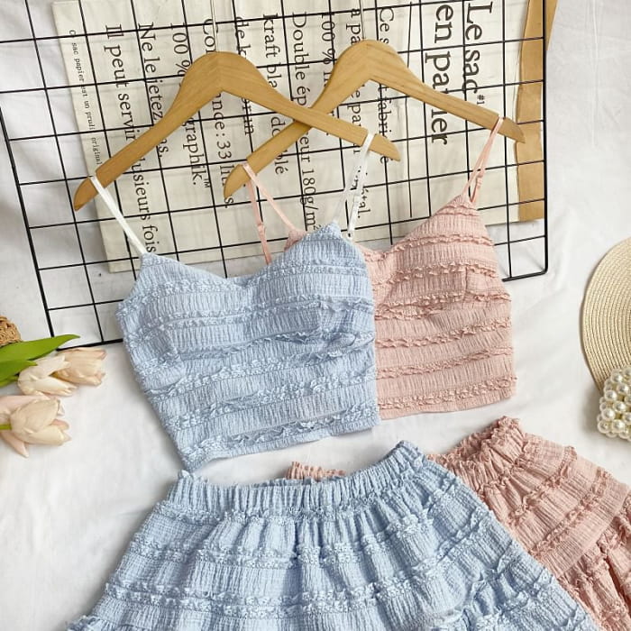 Set: Plain Lace Crop Cami Top + Elastic Waist Tiered Mini