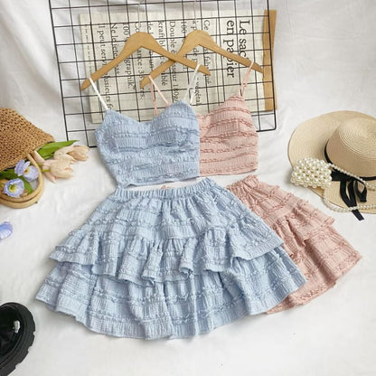 Set: Plain Lace Crop Cami Top + Elastic Waist Tiered Mini