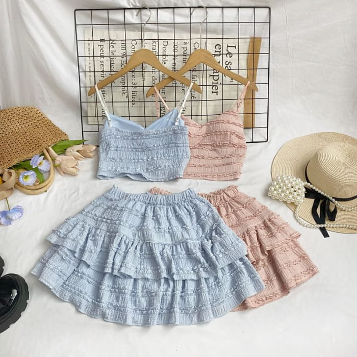 Set: Plain Lace Crop Cami Top + Elastic Waist Tiered Mini