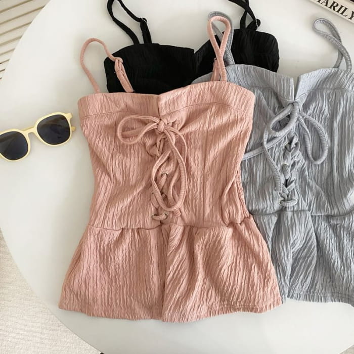 Set: Plain Lace-Up Peplum Camisole Top + Elastic Waist Wide