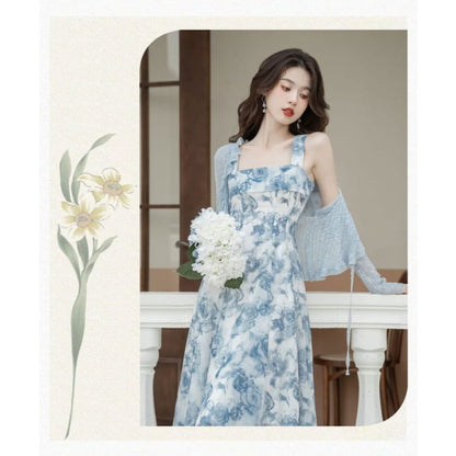 Set: Plain Light Jacket + Spaghetti Strap Print Maxi A-Line