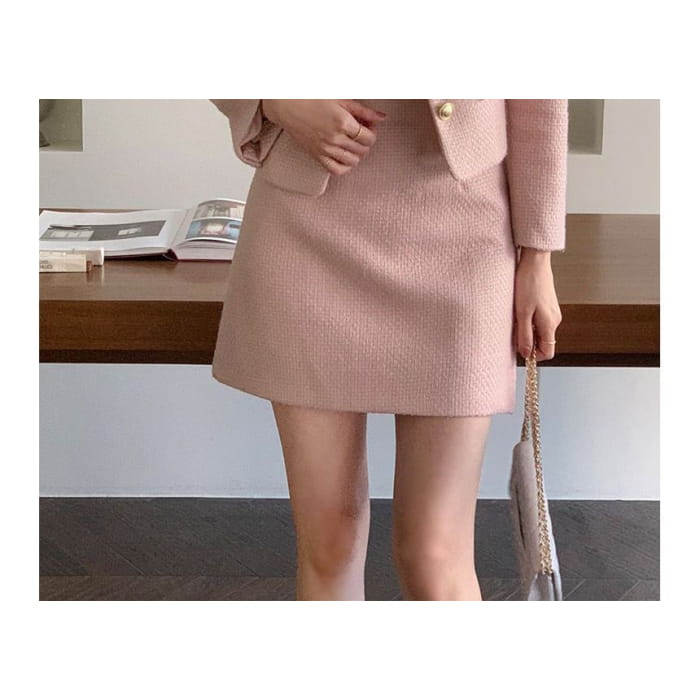 Set: Plain Tweed Button Jacket + High Rise Mini A-Line Skirt