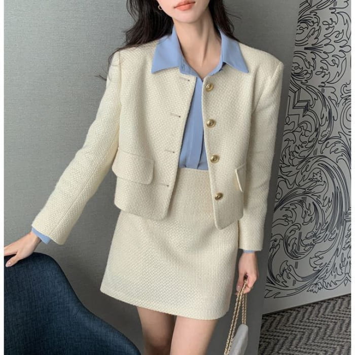 Set: Plain Tweed Button Jacket + High Rise Mini A-Line Skirt