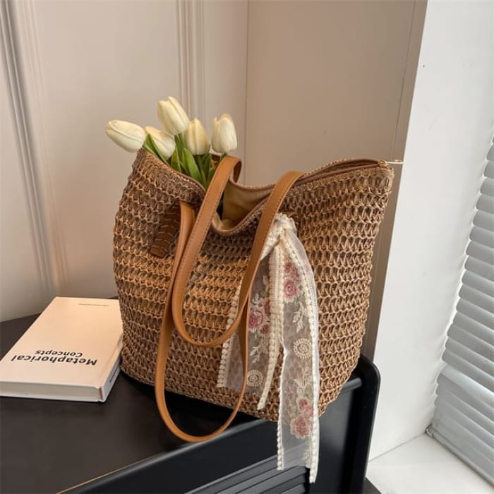 Set: Plain Woven Tote Bag + Scarf - Set of 2 - & - Khaki