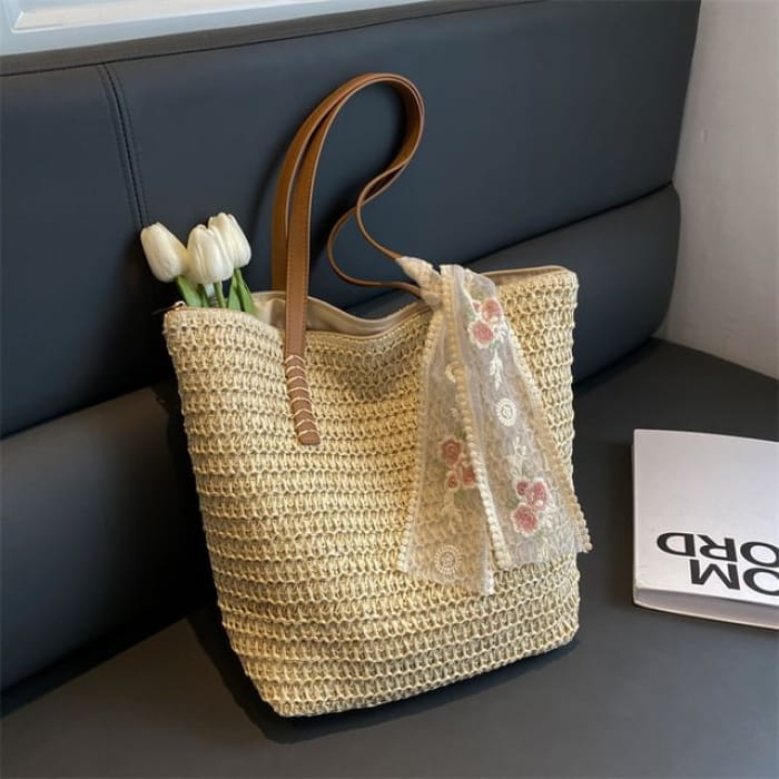 Set: Plain Woven Tote Bag + Scarf - Set of 2 - & - White