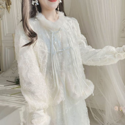 Set: Round Neck Plain Sequin Fluffy Trim Lace Overlay Frog