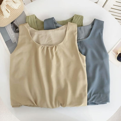 Set: Scoop Neck Plain Tank Top + Elastic Waist Wide Leg