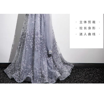 Set: Sequin Mesh A-Line Tube Evening Gown + Cape - Dress