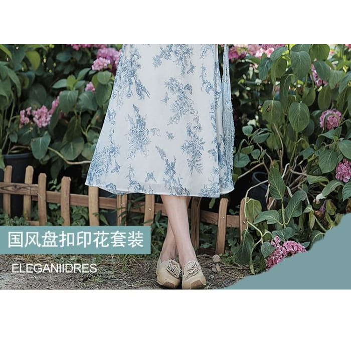 Set: Short-Sleeve Floral Blouse + High Rise Midi A-Line