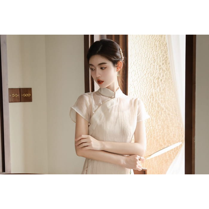 Set: Short-Sleeve Hanfu Long Top + Spaghetti Strap Plain