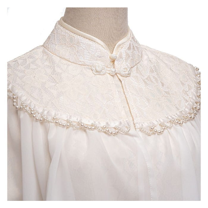 Set: Short-Sleeve Lace Midi Qipao + Faux Pearl Capelet