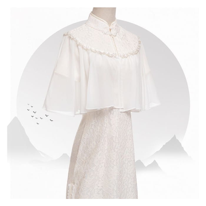 Set: Short-Sleeve Lace Midi Qipao + Faux Pearl Capelet