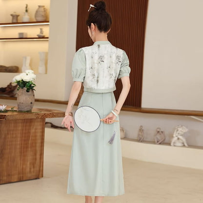 Set: Short-Sleeve Mandarin Collar Floral Panel Frog Button