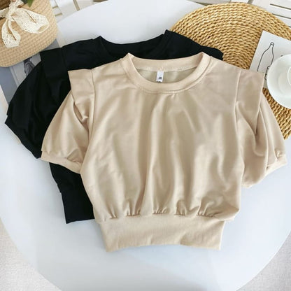 Set: Short-Sleeve Round Neck Crop Tee + Elastic Waist Wide