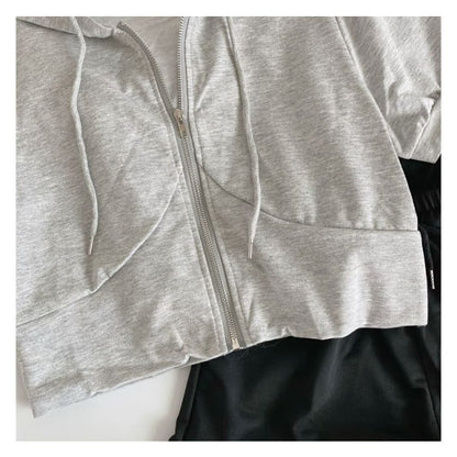 Set: Short-Sleeve Zip-Up Crop Hoodie + Shorts