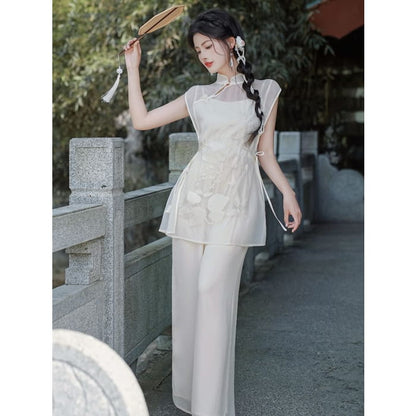 Set: Sleeveless Mandarin Collar Embroidered Top + Camisole