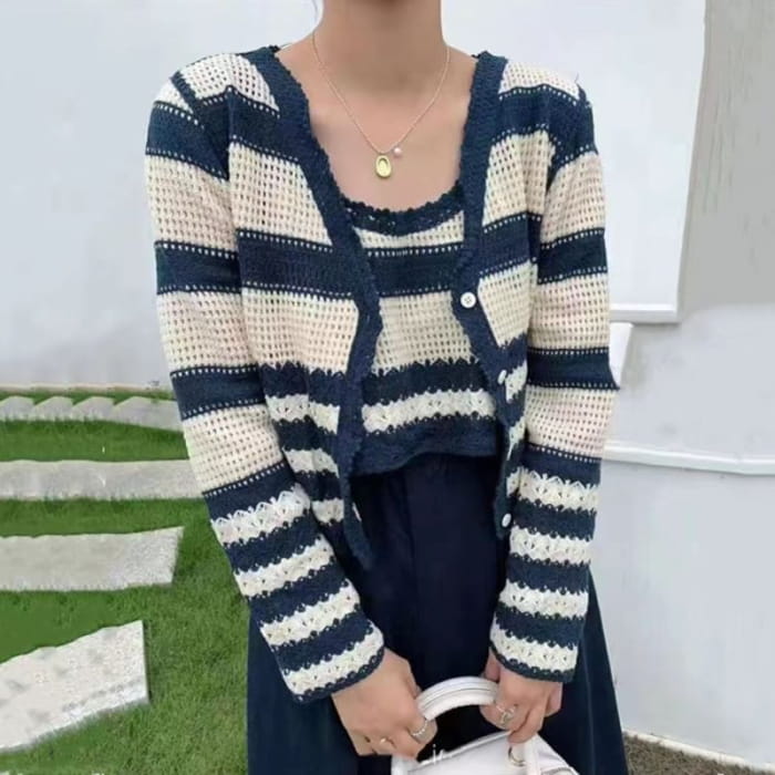 Set: Striped Cutout Cardigan + Knit Tank Top