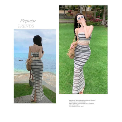 Set: Striped Fringed Crop Tube Top + High Waist Slit Maxi