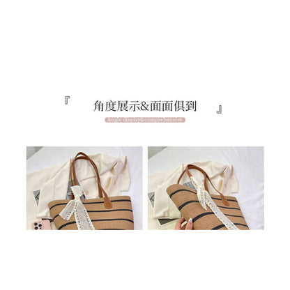 Set: Striped Straw Tote Bag + Lace Strap