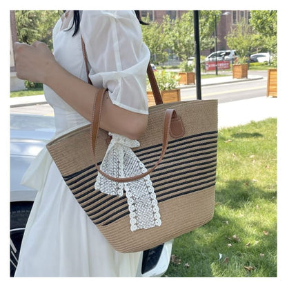 Set: Striped Straw Tote Bag + Lace Strap