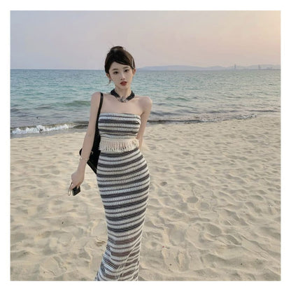 Set: Striped Tube Top + Mid Waist Maxi Pencil Skirt