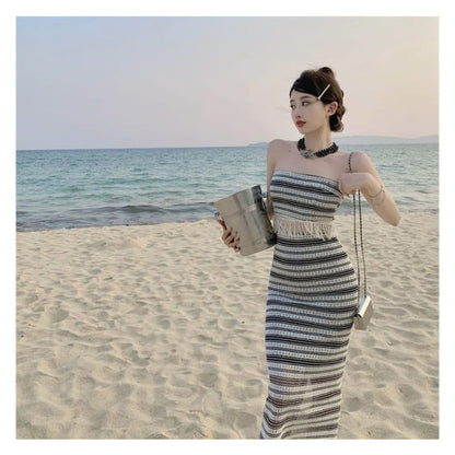 Set: Striped Tube Top + Mid Waist Maxi Pencil Skirt