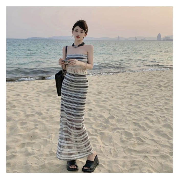 Set: Striped Tube Top + Mid Waist Maxi Pencil Skirt