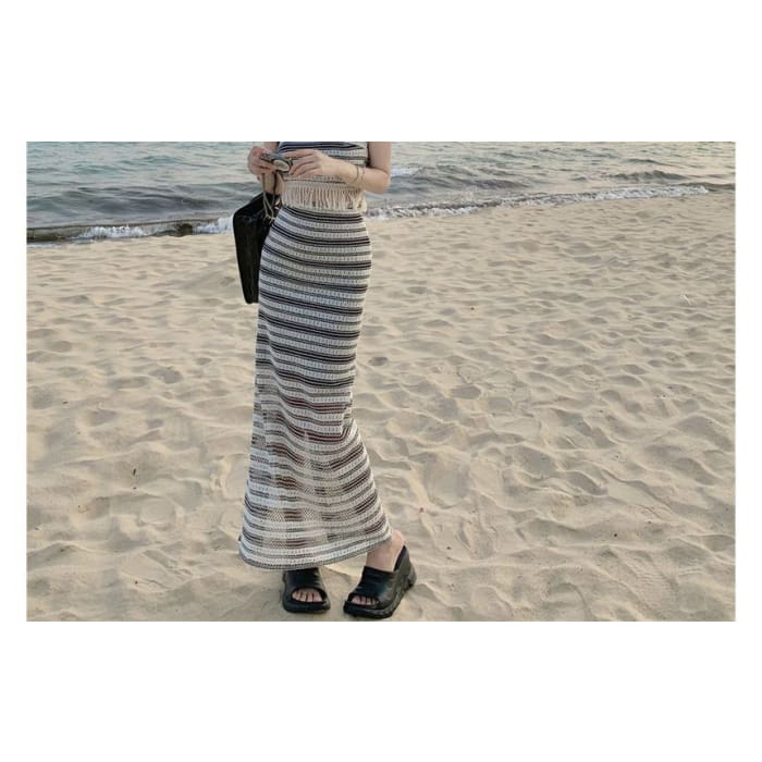 Set: Striped Tube Top + Mid Waist Maxi Pencil Skirt