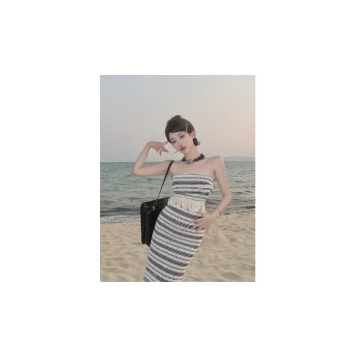 Set: Striped Tube Top + Mid Waist Maxi Pencil Skirt