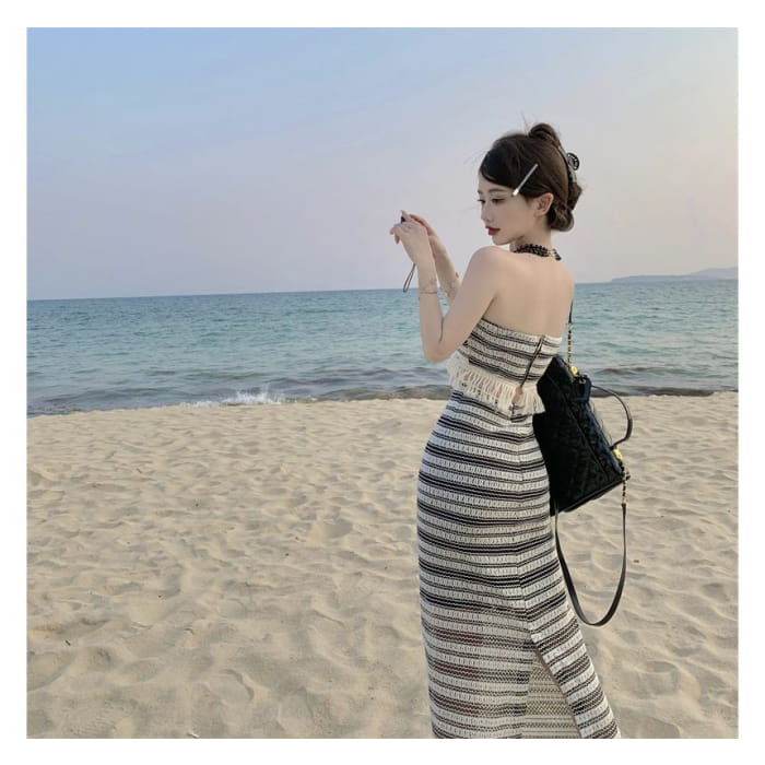 Set: Striped Tube Top + Mid Waist Maxi Pencil Skirt