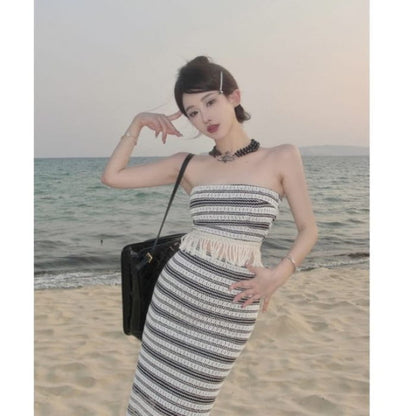 Set: Striped Tube Top + Mid Waist Maxi Pencil Skirt - Set