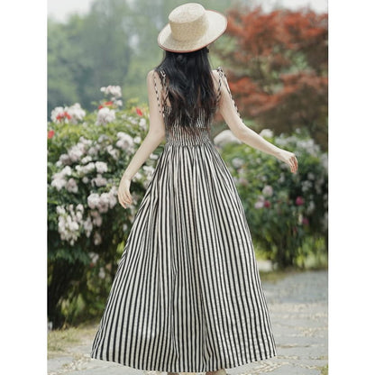 Set: Tie Shoulder Striped Ruched Maxi