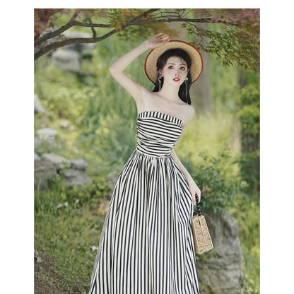 Set: Tie Shoulder Striped Ruched Maxi