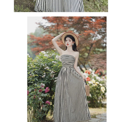 Set: Tie Shoulder Striped Ruched Maxi