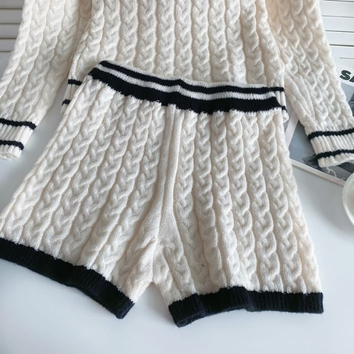 Set: V-Neck Contrast Trim Cable Knit Sweater + High Waist