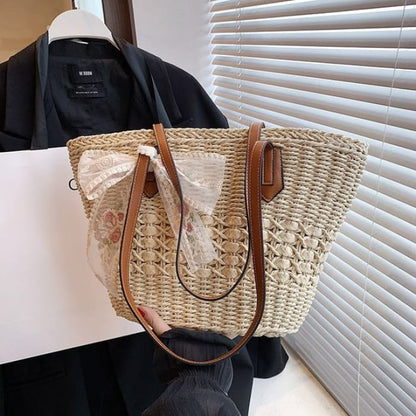 Set: Woven Tote Bag + Scarf - Set of 2 - & - Beige White