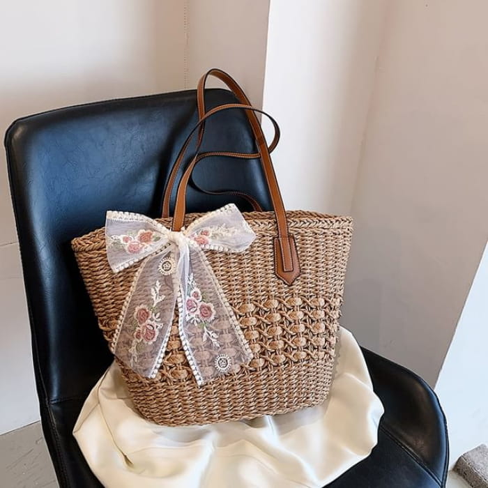 Set: Woven Tote Bag + Scarf - Set of 2 - & - Khaki White