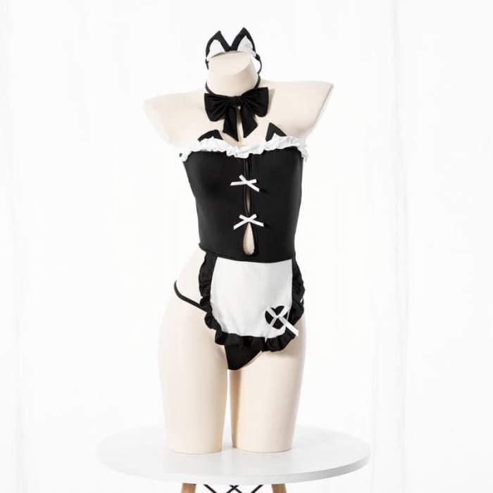 Sexy Cat Girl Backless Maid Uniform Lingerie Dress - Black