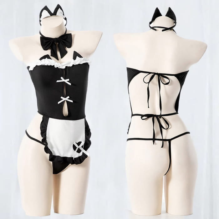 Sexy Cat Girl Backless Maid Uniform Lingerie Dress - Black