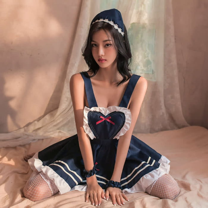 Sexy Lace Up Love Heart Ruffled Maid Dress Lingerie