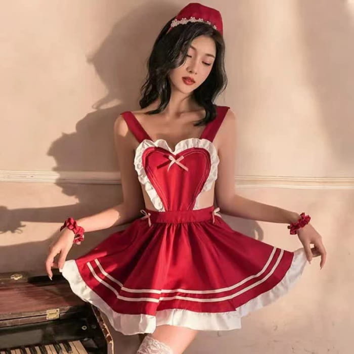 Sexy Lace Up Love Heart Ruffled Maid Dress Lingerie - Red