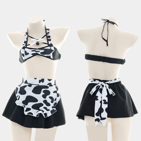 Sexy Maid Cow Print Lingerie Suit - Black / One size