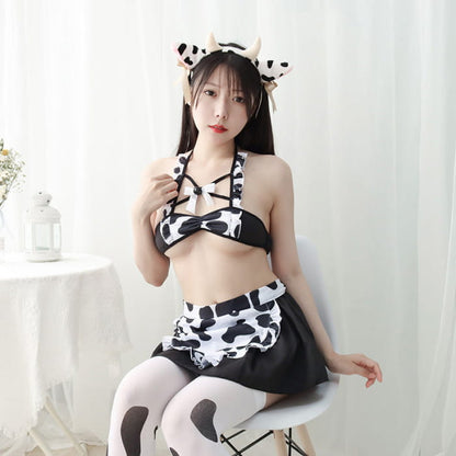 Sexy Maid Cow Print Lingerie Suit - Black / One size